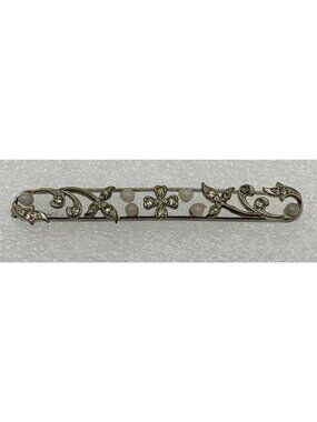 Antique Bar Brooch Pin Silver-Tone Rhinestones Faux Pearls C-Clasp Floral Detail